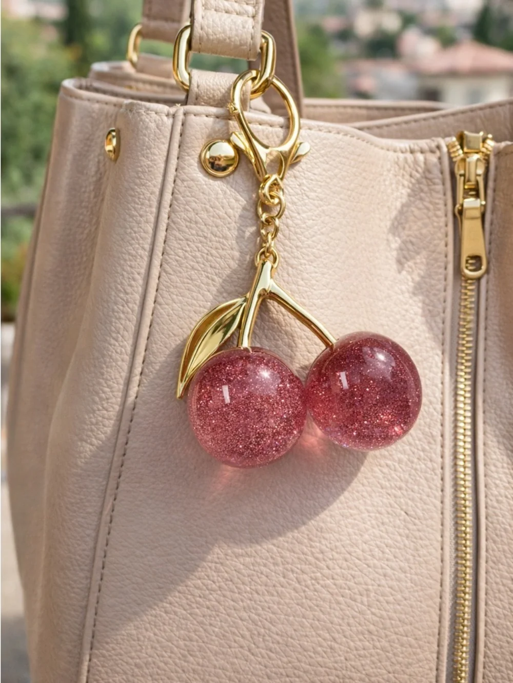 Glitter Cherry Keychain Bag Charm - Pink and Gold